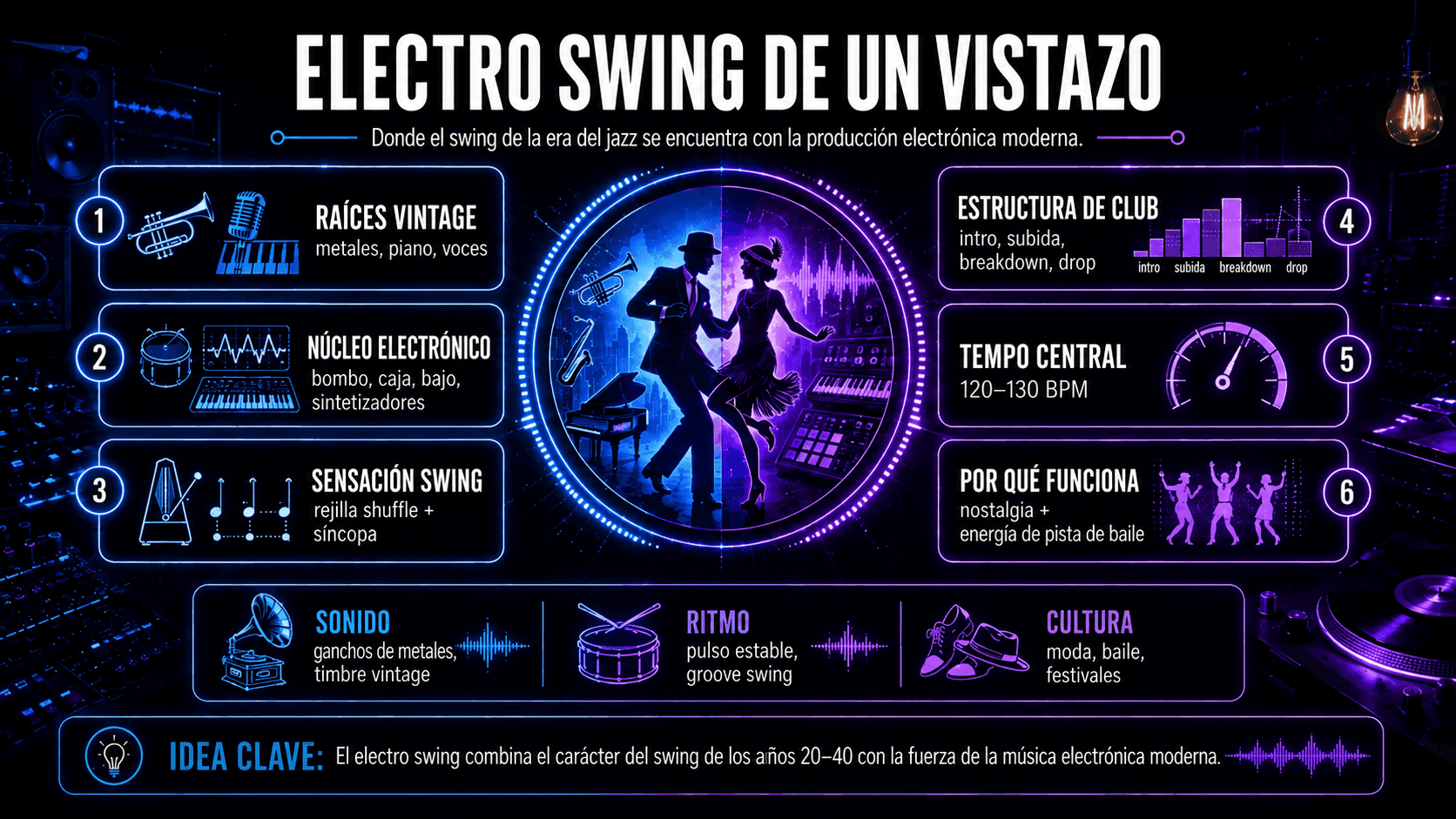 Resumen del electro swing mostrando instrumentos vintage, beats electrónicos, ritmo swing, estructura de club, tempo, sonido y cultura.