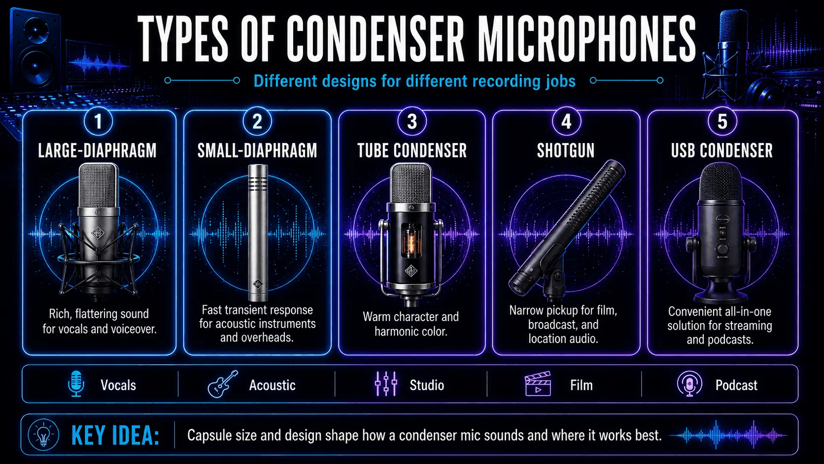 Comparison of large-diaphragm, small-diaphragm, tube, shotgun, and USB condenser microphones with their typical uses. 