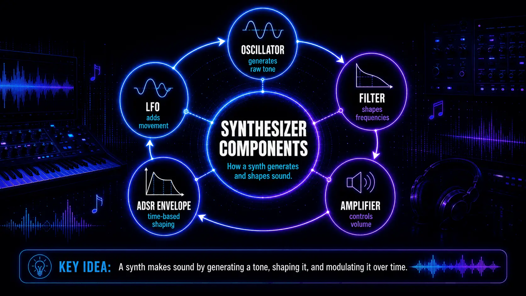 Infographic showing key synthesizer components, including oscillator, filter, amplifier, ADSR envelope, and LFO movement.