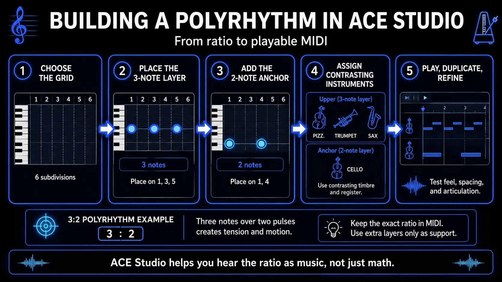 Five-step ACE Studio workflow for building a 3:2 polyrhythm with a six-part grid, contrasting instruments, and editable MIDI layers.