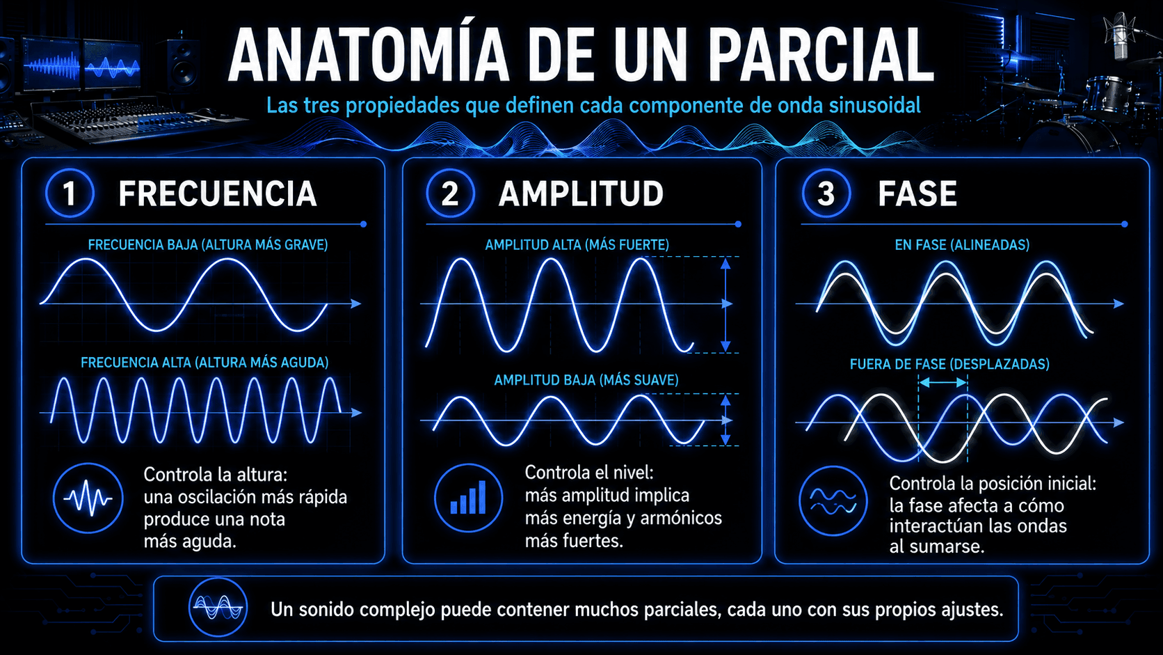 Diagrama explicando cómo la frecuencia controla el tono, la amplitud controla el volumen, y la fase controla la posición inicial de un parcial de onda sinusoidal.