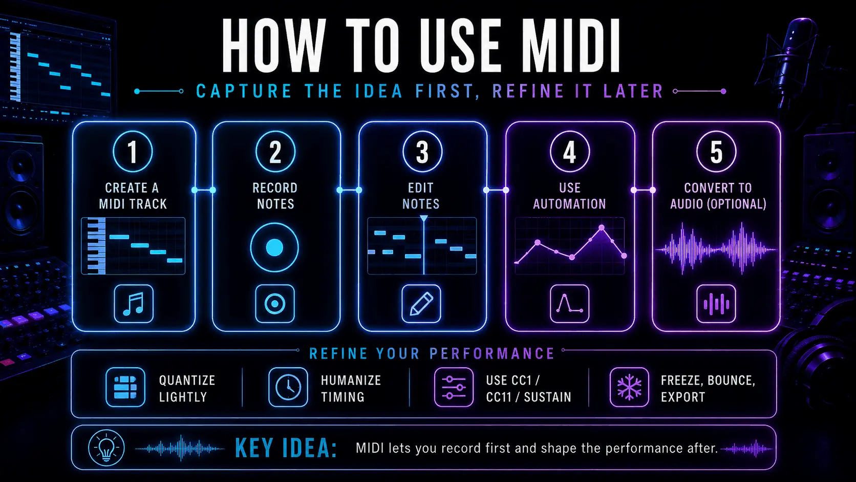 Five-step MIDI workflow infographic showing how to create a track, record notes, edit notes, add automation, and convert MIDI to audio.