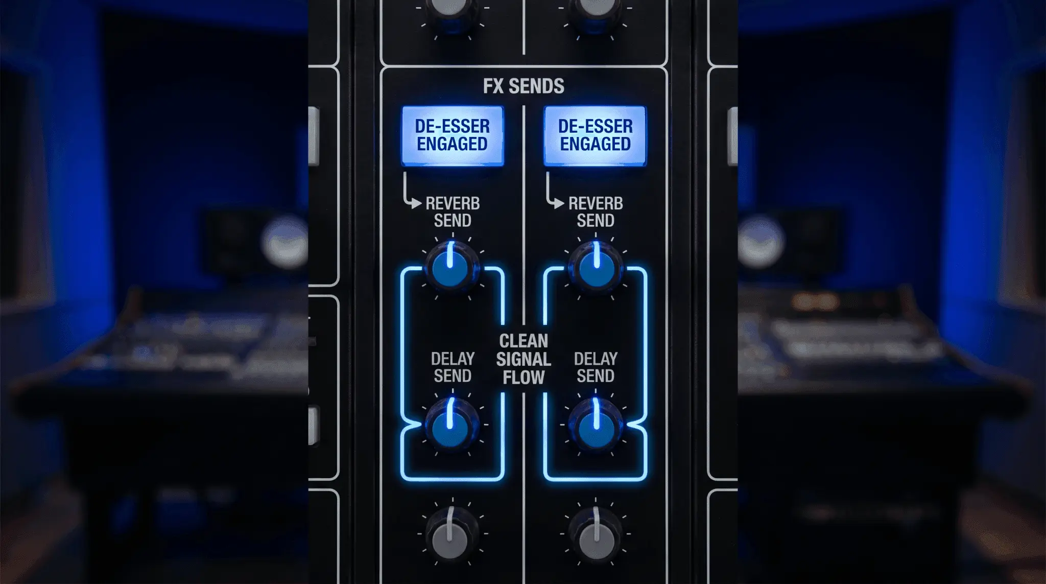 Mixing console interface showing de-essers engaged before reverb and delay sends to prevent vocal sibilance from creating harsh effects tails