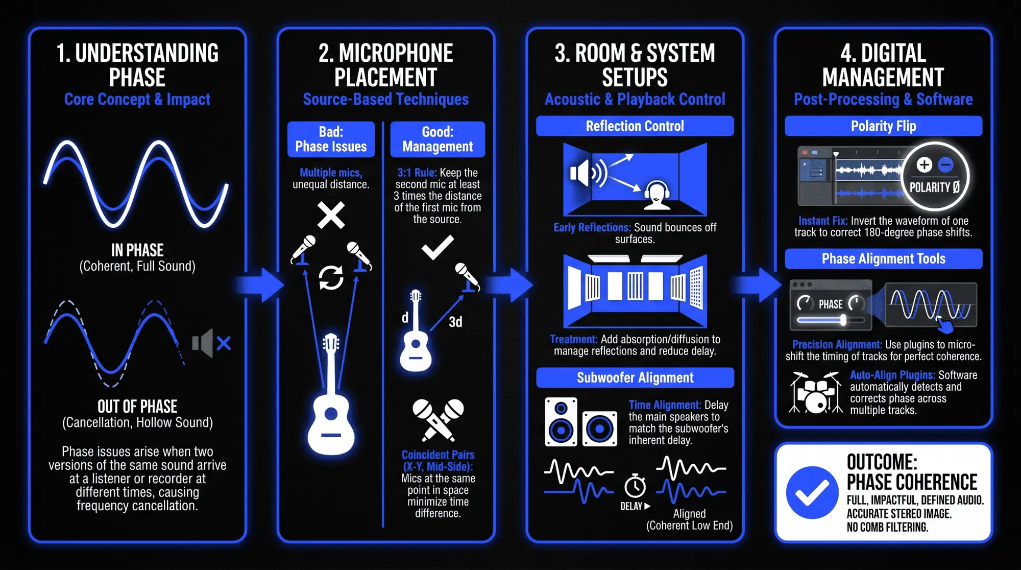 Infographic explaining phase coherence, including in-phase and out-of-phase signals, microphone placement, reflection control, subwoofer alignment, polarity flips, and phase alignment tools.