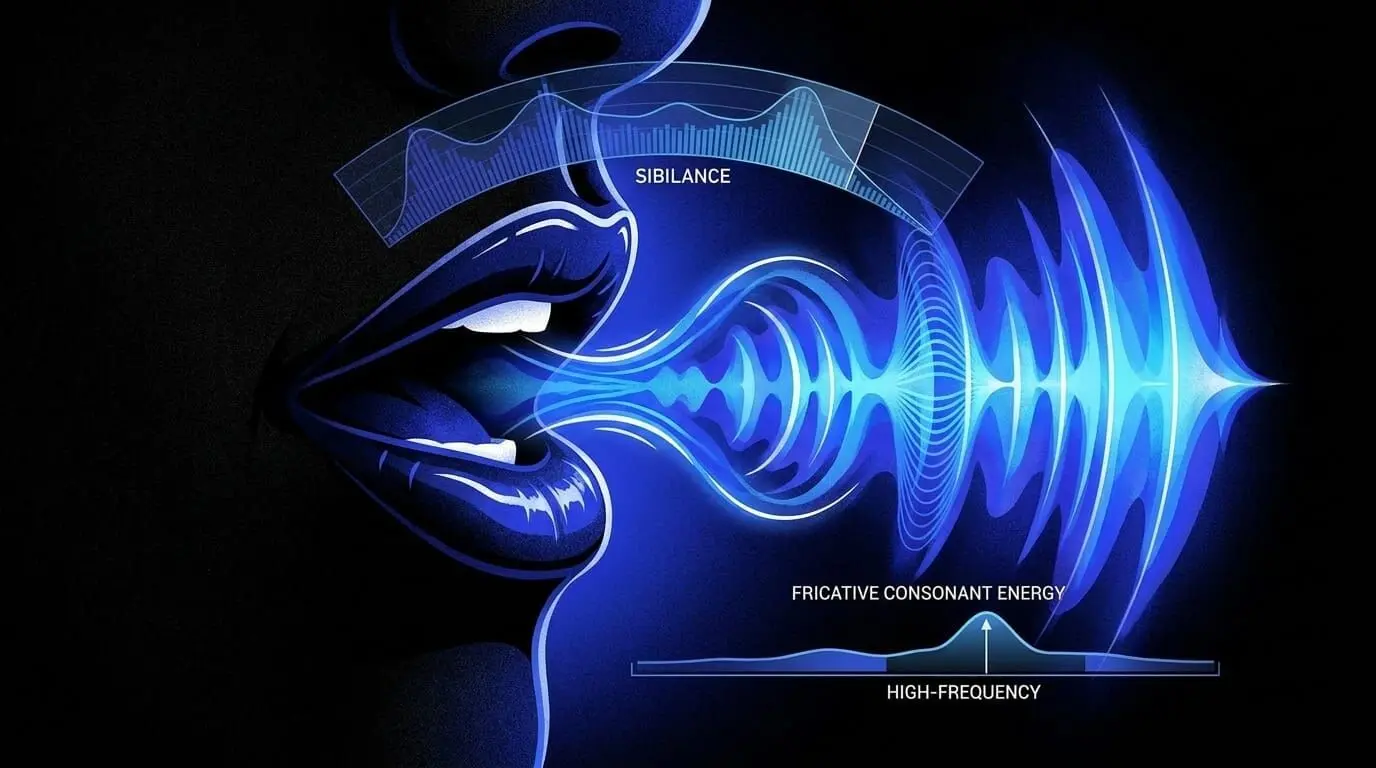Illustration of vocal sibilance showing fricative consonant energy, high-frequency peaks, and sound waves leaving the mouth