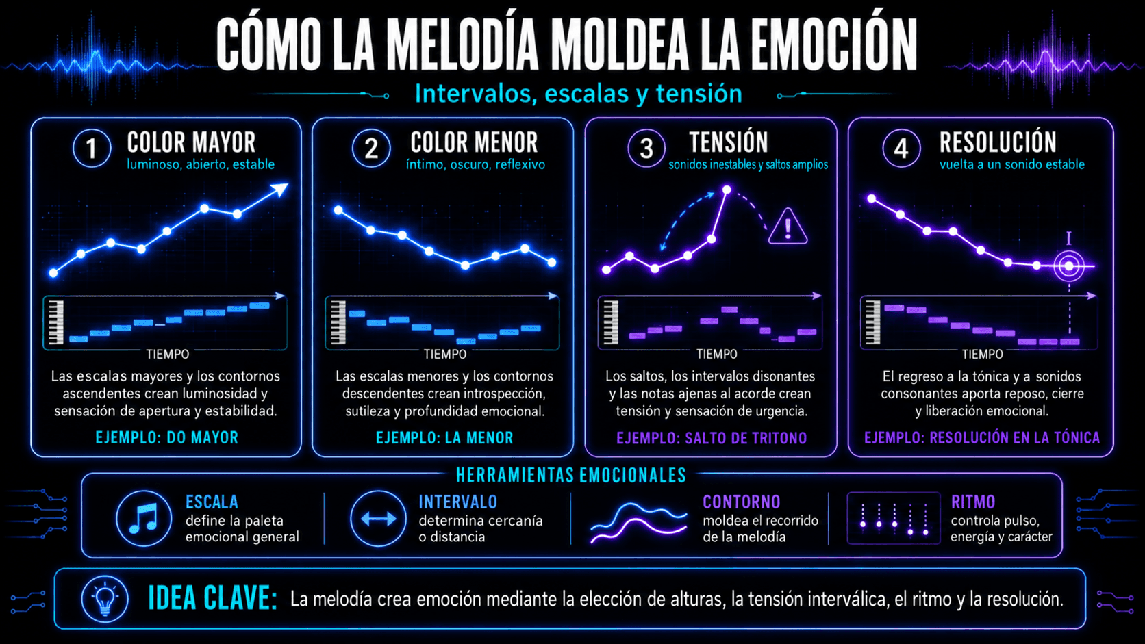 Infografía mostrando cómo los colores tonales mayores y menores, la tensión y la resolución influyen en la emoción en la melodía.