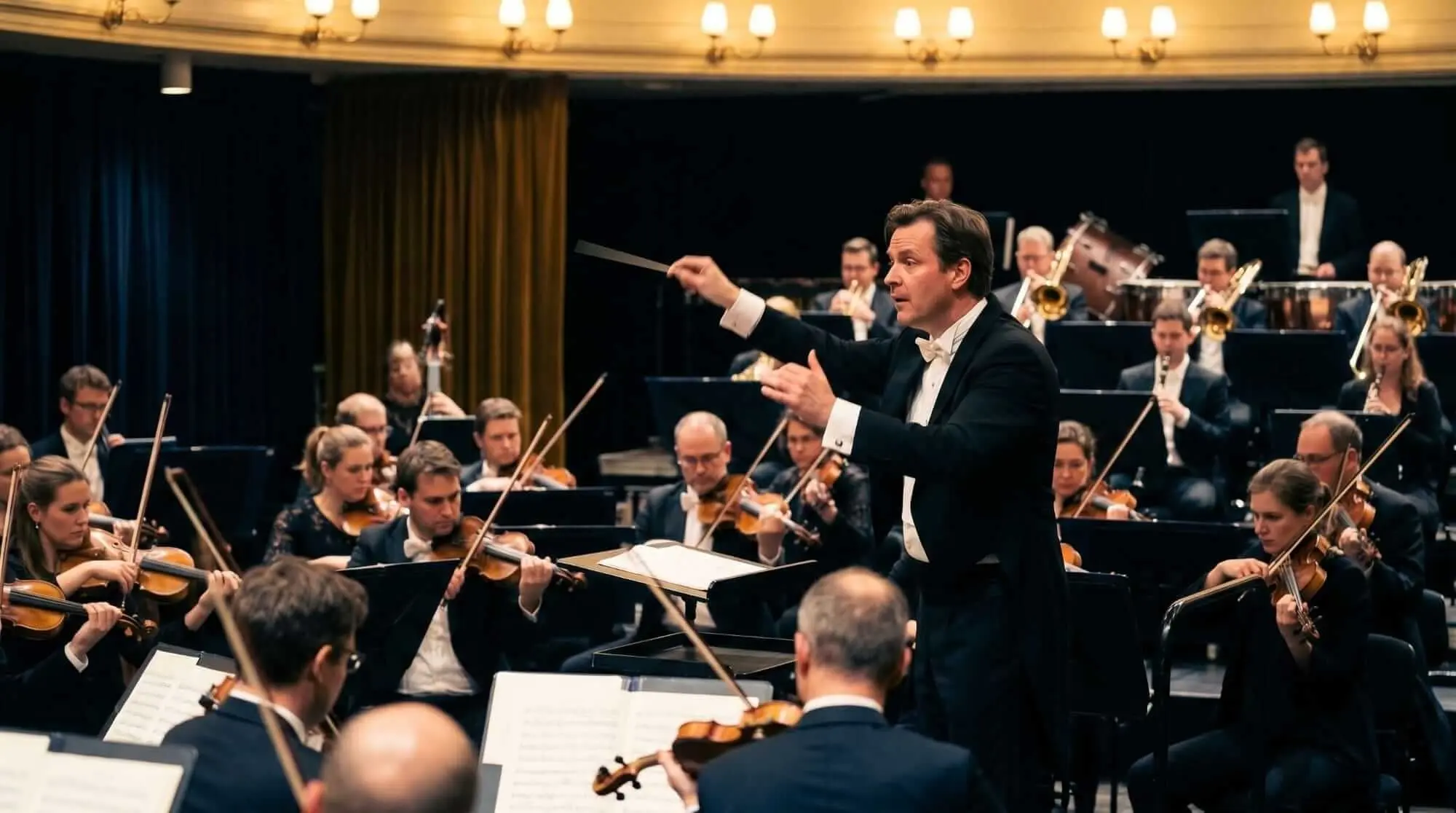 Orchestra conductor leading string, brass, woodwind, and percussion musicians during a live classical performance.