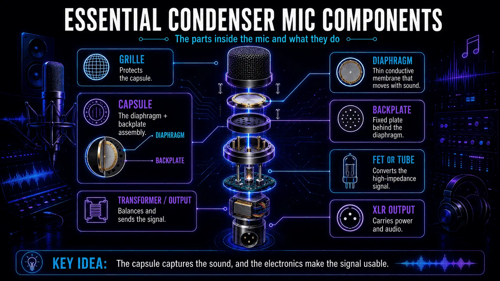 Exploded condenser microphone diagram labeling the grille, diaphragm, backplate, capsule, impedance converter, transformer, and XLR output.