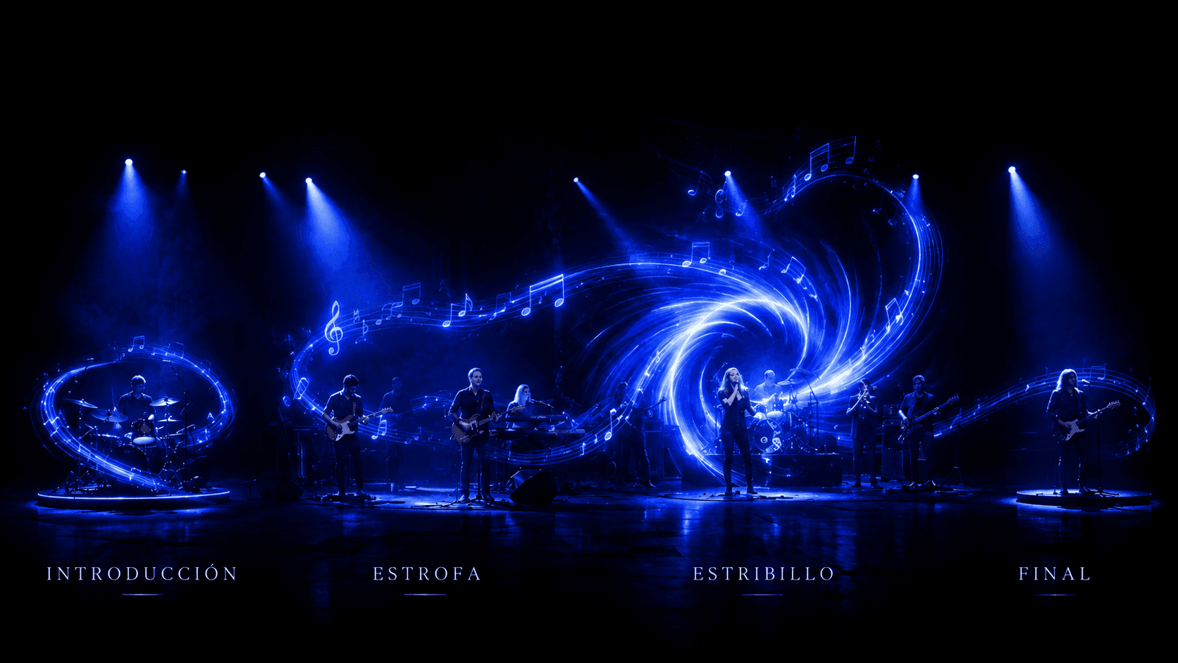 Banda en vivo actuando mientras líneas musicales brillantes conectan las etapas de introducción, verso, estribillo y final de una canción.