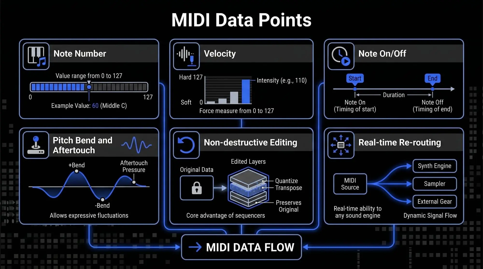 Infographic showing MIDI data points, including note number, velocity, note on/off timing, pitch bend, aftertouch, non-destructive editing, and real-time MIDI routing to synths, samplers, and external gear.