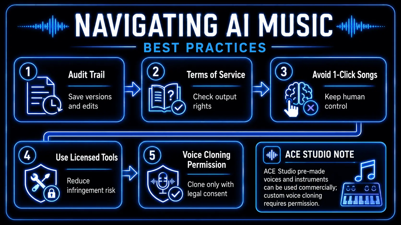 Infographic showing AI music best practices, including keeping an audit trail, checking terms of service, avoiding one-click generation, using licensed tools, and confirming voice cloning permissions.