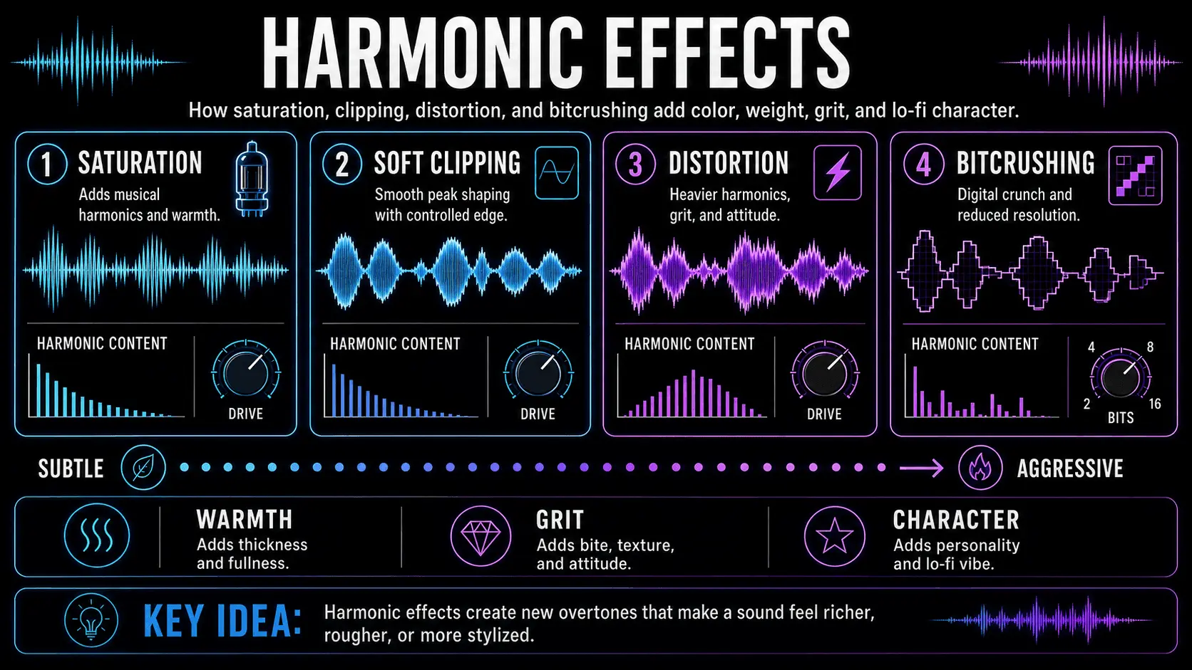 Harmonic effects comparison showing how saturation, soft clipping, distortion, and bitcrushing alter audio waveforms.