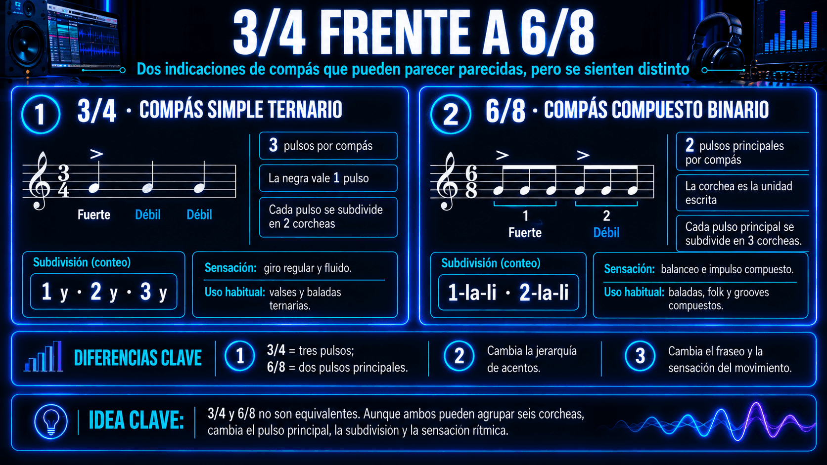 Infografía comparativa entre los compases 3/4 y 6/8 y sus diferencias de pulso, subdivisión y acentuación