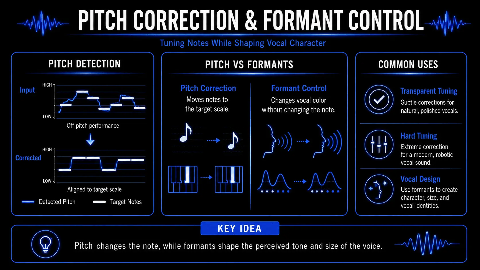Infographic explaining pitch correction and formant control in vocal production, including pitch detection, target notes, transparent tuning, hard tuning, and vocal design.