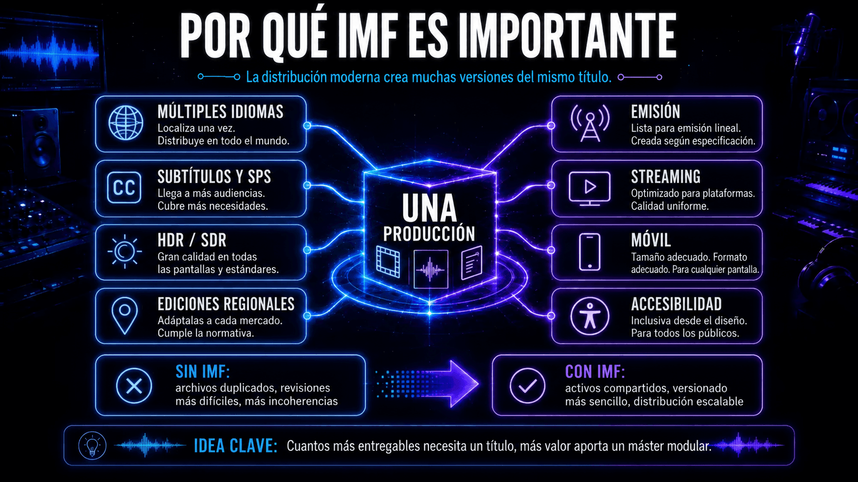 Diagrama mostrando cómo una producción IMF soporta idiomas, subtítulos, HDR, difusión, streaming, móvil y accesibilidad