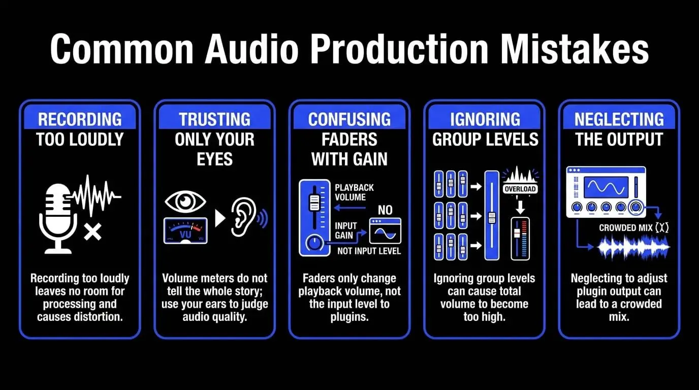 Infographic showing common audio production mistakes in gain staging, including recording too loudly, relying only on meters, confusing faders with input gain, ignoring group levels, and neglecting plugin output levels.