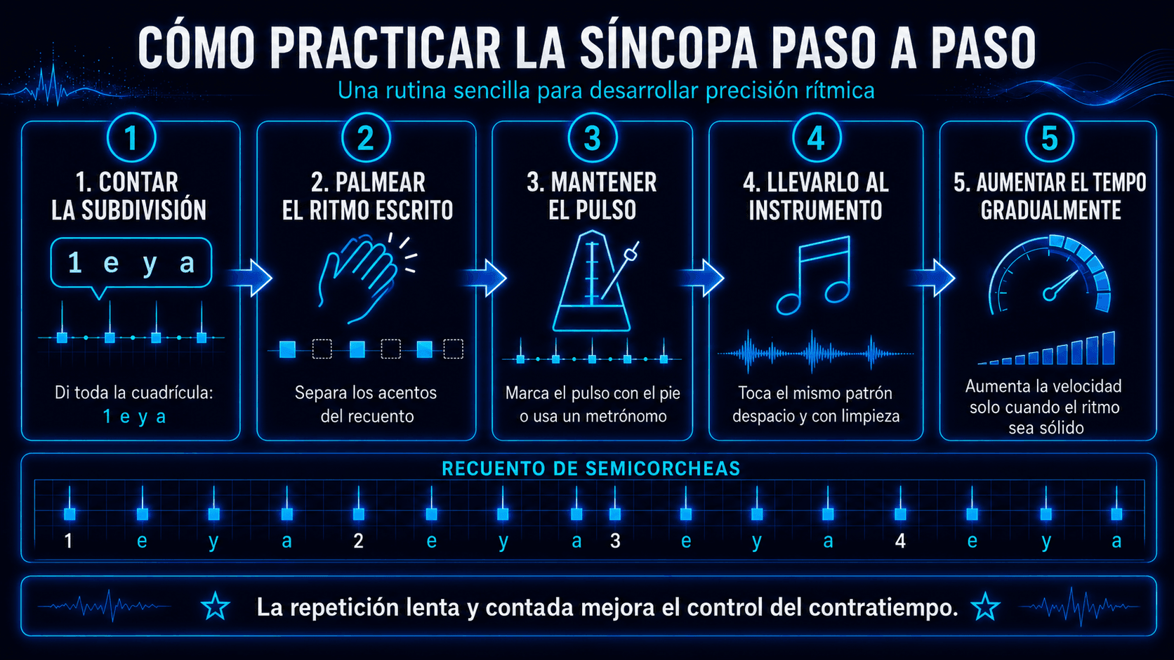 Infografía mostrando cinco pasos para practicar síncopa, desde contar subdivisiones hasta aumentar gradualmente el tempo.