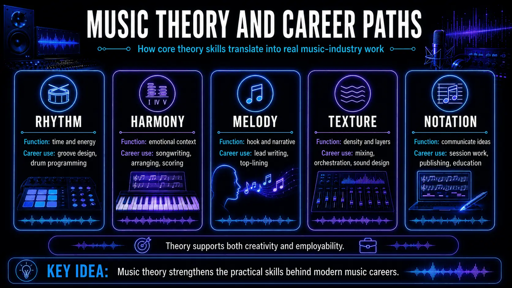 Music career infographic connecting rhythm, harmony, melody, texture, and notation with professional music-industry applications.