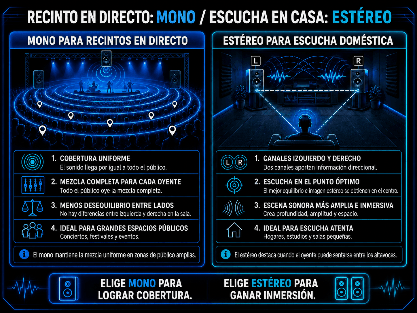 Comparación entre sonido mono para recintos en directo y estéreo para hogares, estudios y salas pequeñas.