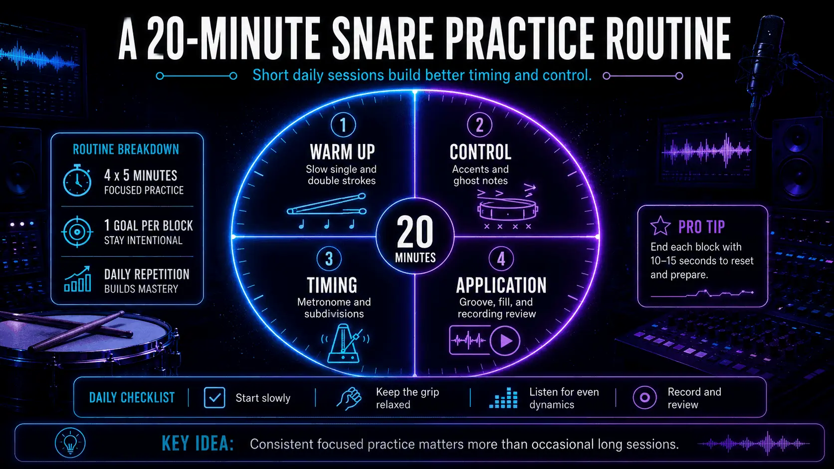 Twenty-minute snare practice routine divided into warm-up, control, timing, and musical application exercises.