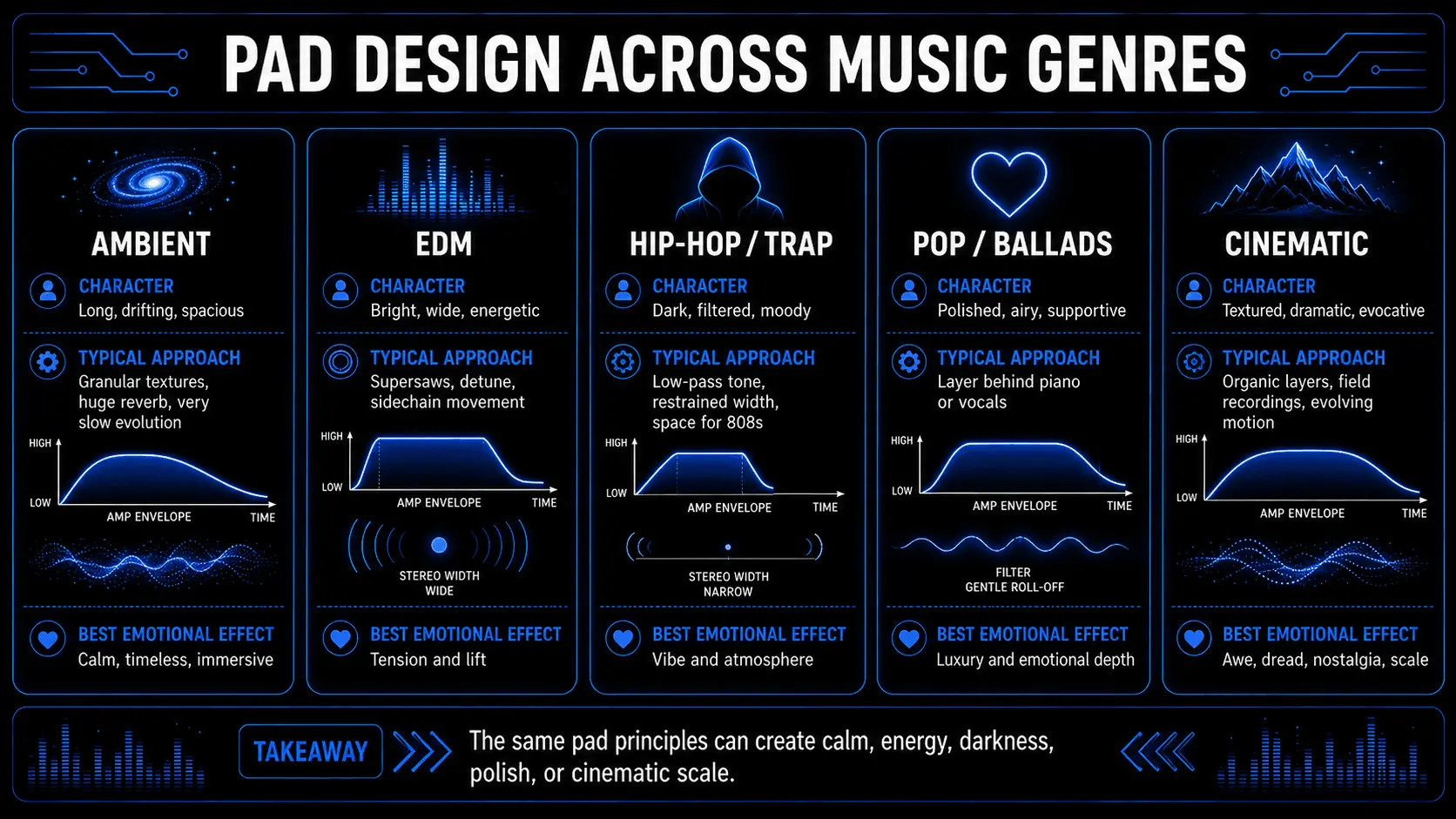 Infographic comparing synth pad character, processing, stereo width, envelopes, and emotional effects across five music genres.