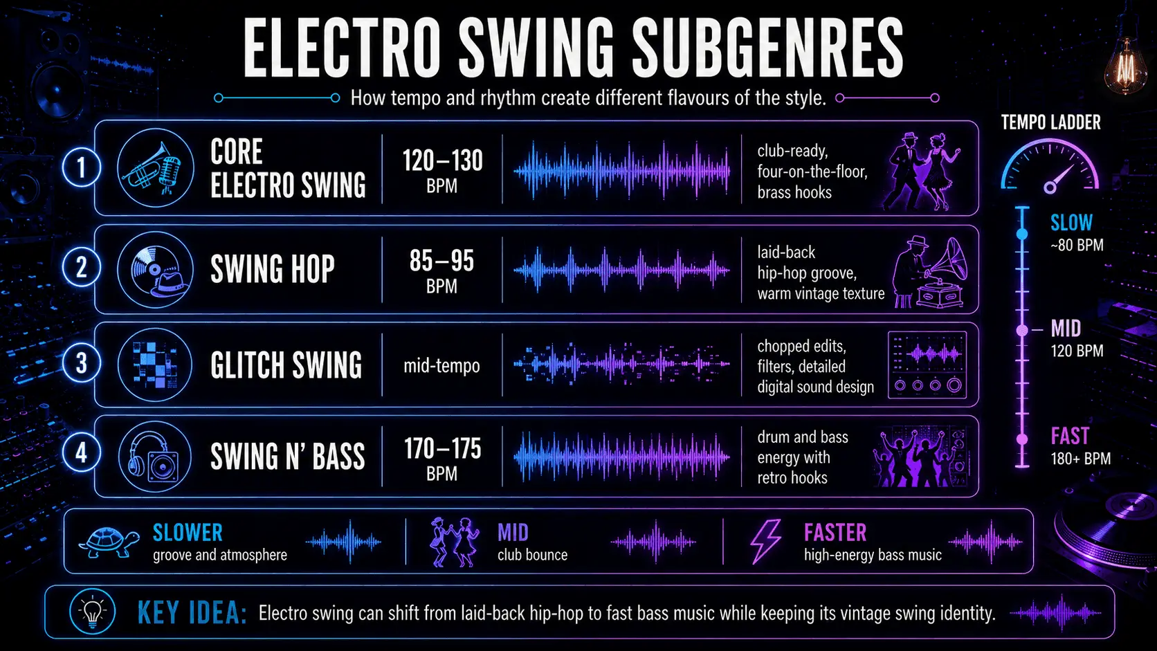 Electro swing subgenres compared by tempo and style, including core electro swing, swing hop, glitch swing, and swing n’ bass.
