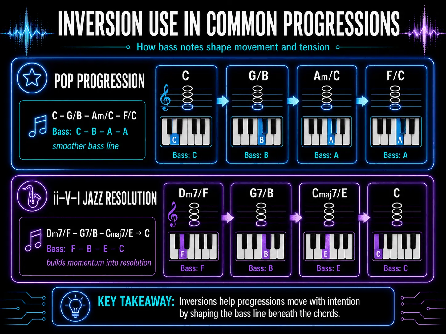 Pop and jazz chord progressions using slash chords to demonstrate how inverted bass notes influence movement, tension, and resolution.