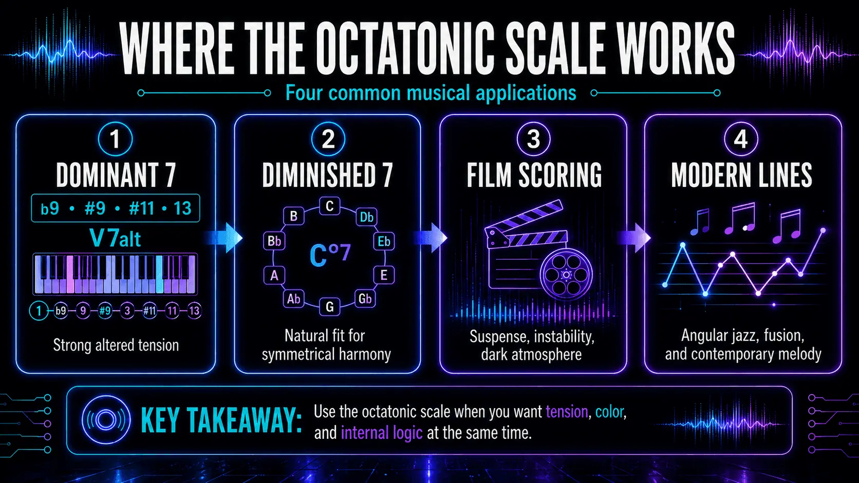 Infographic showing four octatonic scale applications: altered dominant seventh chords, diminished harmony, film scoring, and modern melodic lines.