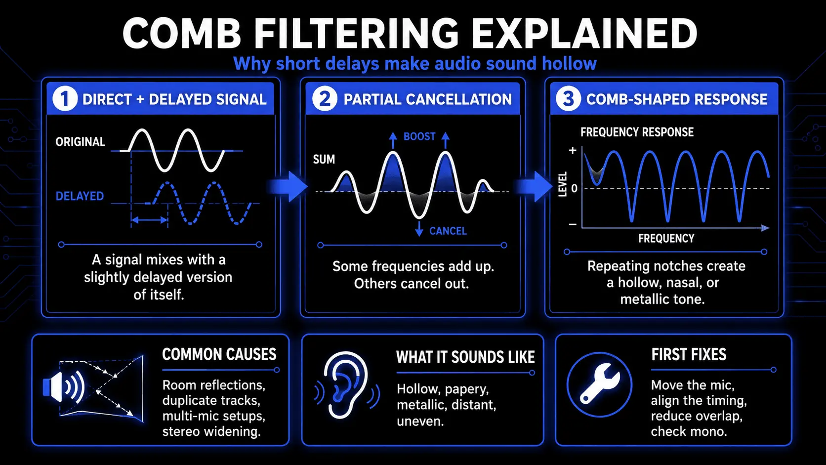 Infographic explaining comb filtering, showing a direct signal mixed with a delayed copy, partial cancellation, comb-shaped frequency response, common causes, symptoms, and first fixes.