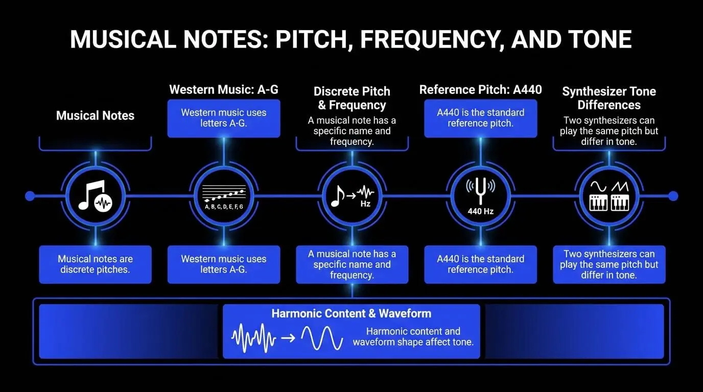 Infographic explaining musical notes, pitch, frequency, A440 reference tuning, and how harmonic content creates different synthesizer tones.