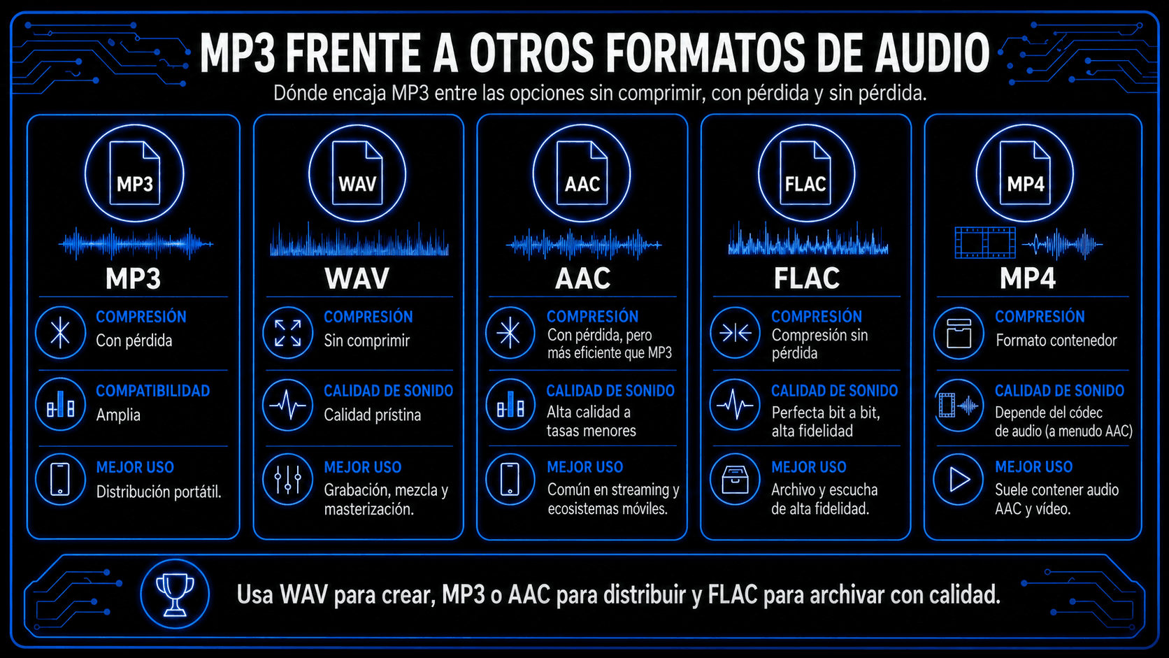 Comparación de MP3, WAV, AAC, FLAC y MP4 por tipo de compresión, calidad de sonido y mejor uso