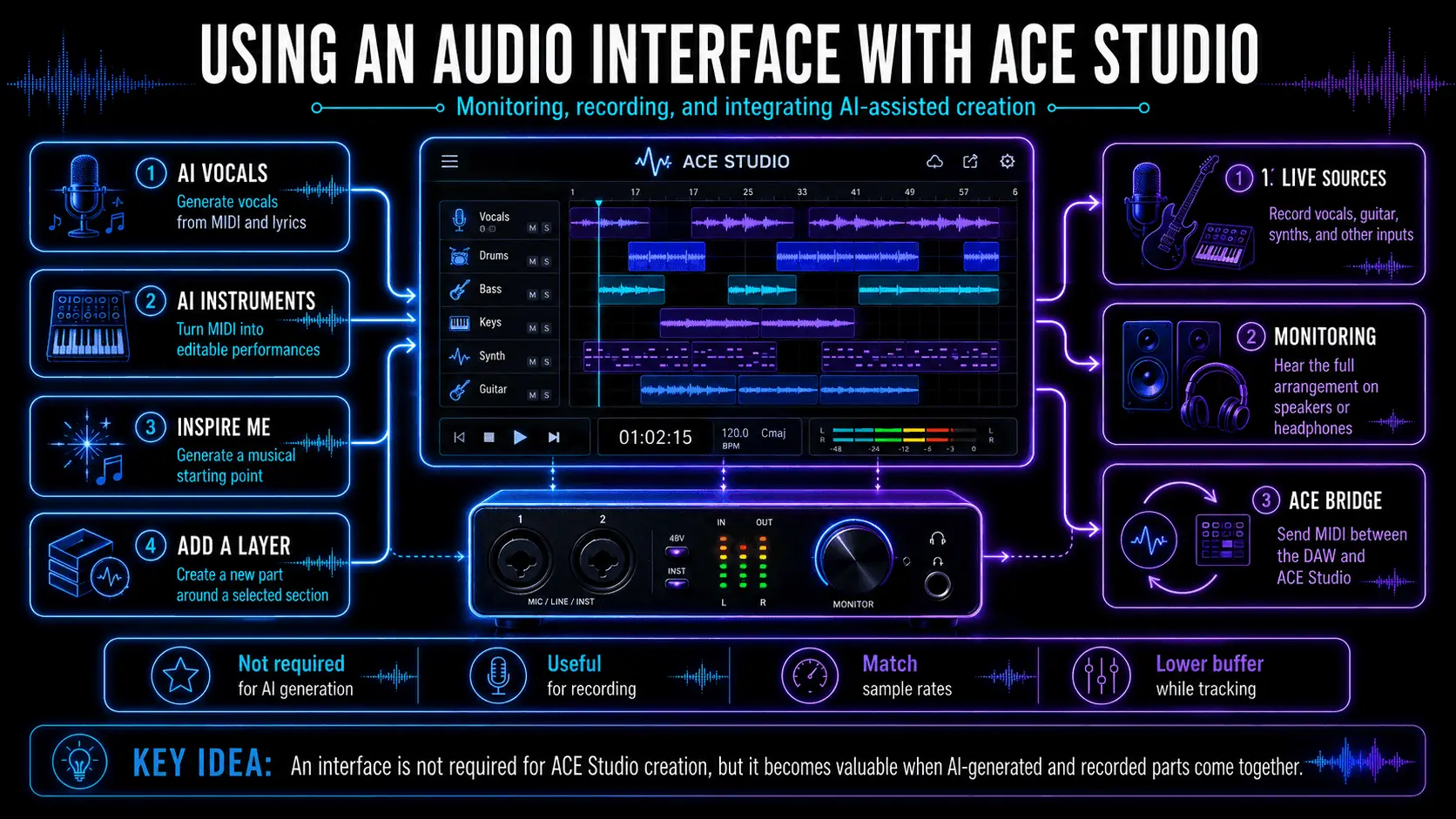 ACE Studio workflow showing AI vocals, AI Instruments, Inspire Me, Add a Layer, live recording, monitoring, and ACE Bridge integration.